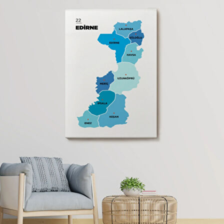 İl ve İlçeler Haritası Edirne, Modern Dekoratif Kanvas Tablo, Duvar Dekoru 1329