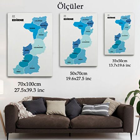 İl ve İlçeler Haritası Edirne, Modern Dekoratif Kanvas Tablo, Duvar Dekoru 1329