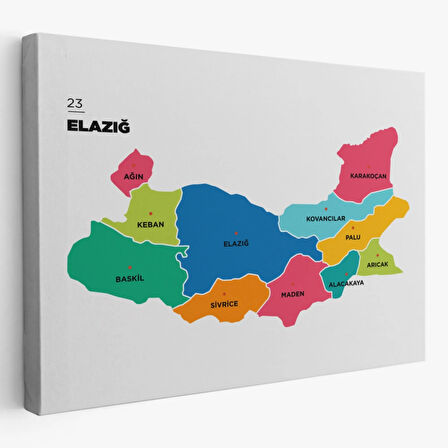 İl ve İlçeler Haritası Elazığ, Modern Dekoratif Kanvas Tablo, Duvar Dekoru 1330