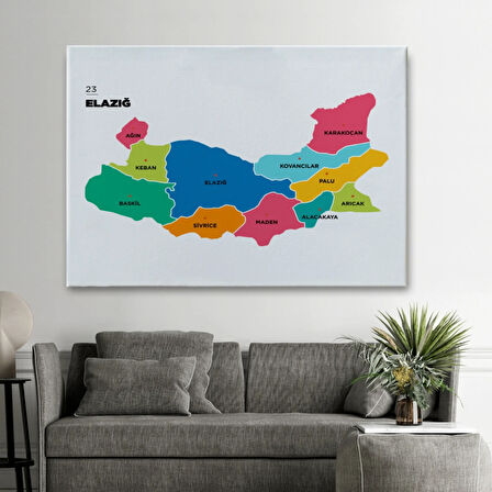 İl ve İlçeler Haritası Elazığ, Modern Dekoratif Kanvas Tablo, Duvar Dekoru 1330