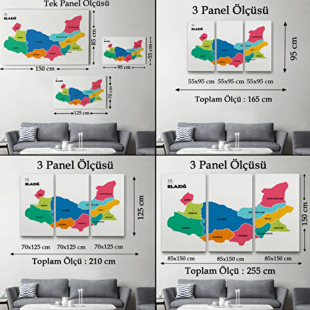İl ve İlçeler Haritası Elazığ, Modern Dekoratif Kanvas Tablo, Duvar Dekoru 1330