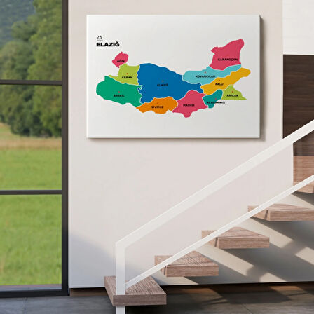 İl ve İlçeler Haritası Elazığ, Modern Dekoratif Kanvas Tablo, Duvar Dekoru 1330