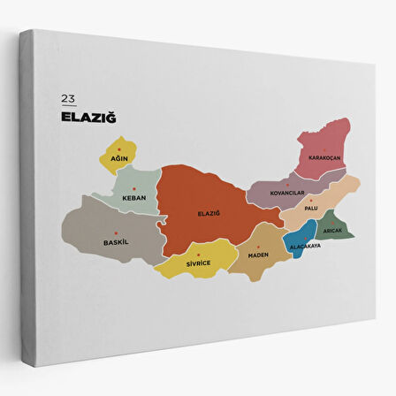 İl ve İlçeler Haritası Elazığ, Modern Dekoratif Kanvas Tablo, Duvar Dekoru 1331
