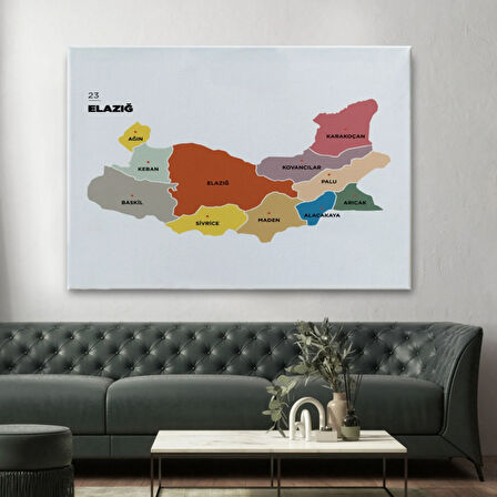 İl ve İlçeler Haritası Elazığ, Modern Dekoratif Kanvas Tablo, Duvar Dekoru 1331