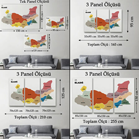 İl ve İlçeler Haritası Elazığ, Modern Dekoratif Kanvas Tablo, Duvar Dekoru 1331
