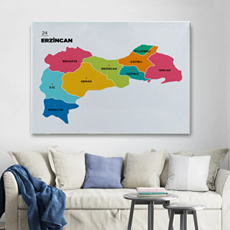 İl ve İlçeler Haritası Erzincan, Modern Dekoratif Kanvas Tablo, Duvar Dekoru 1333