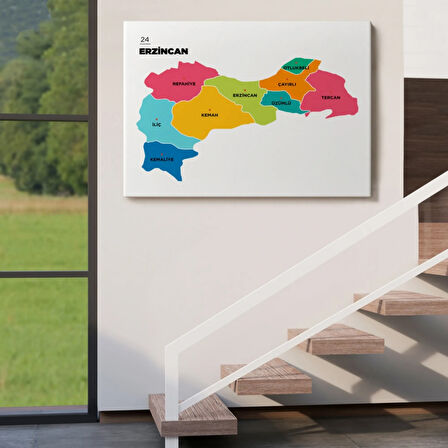 İl ve İlçeler Haritası Erzincan, Modern Dekoratif Kanvas Tablo, Duvar Dekoru 1333