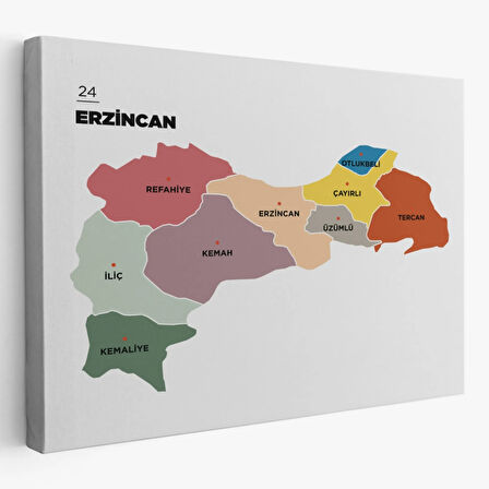 İl ve İlçeler Haritası Erzincan, Modern Dekoratif Kanvas Tablo, Duvar Dekoru 1334