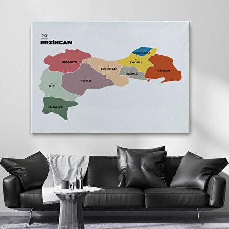 İl ve İlçeler Haritası Erzincan, Modern Dekoratif Kanvas Tablo, Duvar Dekoru 1334