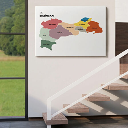 İl ve İlçeler Haritası Erzincan, Modern Dekoratif Kanvas Tablo, Duvar Dekoru 1334