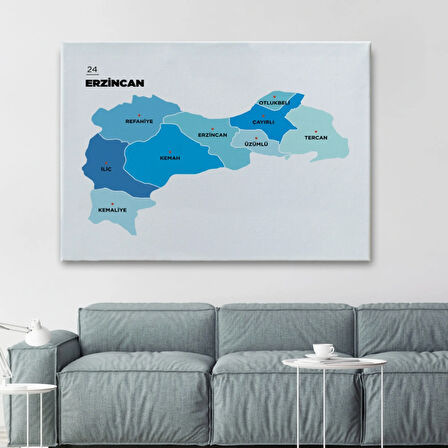 İl ve İlçeler Haritası Erzincan, Modern Dekoratif Kanvas Tablo, Duvar Dekoru 1335