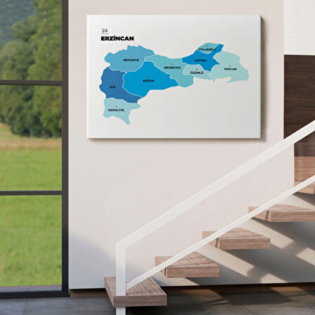 İl ve İlçeler Haritası Erzincan, Modern Dekoratif Kanvas Tablo, Duvar Dekoru 1335