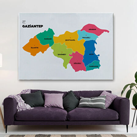 İl ve İlçeler Haritası Gaziantep, Modern Dekoratif Kanvas Tablo, Duvar Dekoru 1342