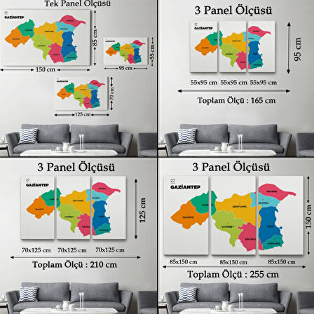İl ve İlçeler Haritası Gaziantep, Modern Dekoratif Kanvas Tablo, Duvar Dekoru 1342