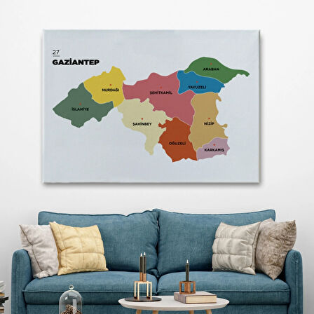 İl ve İlçeler Haritası Gaziantep, Modern Dekoratif Kanvas Tablo, Duvar Dekoru 1343