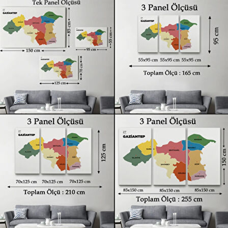 İl ve İlçeler Haritası Gaziantep, Modern Dekoratif Kanvas Tablo, Duvar Dekoru 1343