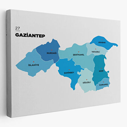 İl ve İlçeler Haritası Gaziantep, Modern Dekoratif Kanvas Tablo, Duvar Dekoru 1344