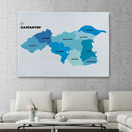 İl ve İlçeler Haritası Gaziantep, Modern Dekoratif Kanvas Tablo, Duvar Dekoru 1344