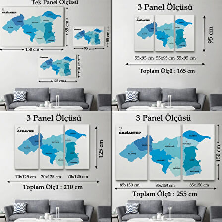 İl ve İlçeler Haritası Gaziantep, Modern Dekoratif Kanvas Tablo, Duvar Dekoru 1344