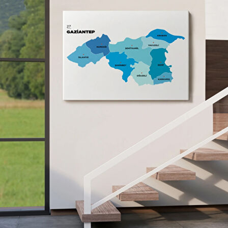 İl ve İlçeler Haritası Gaziantep, Modern Dekoratif Kanvas Tablo, Duvar Dekoru 1344