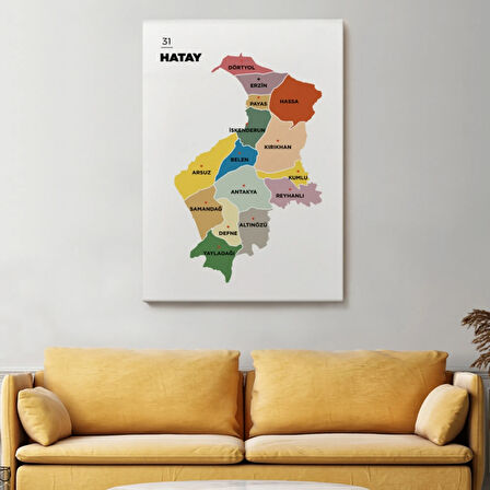 İl ve İlçeler Haritası Hatay, Modern Dekoratif Kanvas Tablo, Duvar Dekoru 1355
