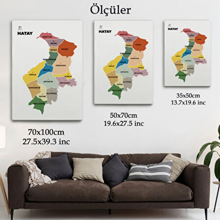 İl ve İlçeler Haritası Hatay, Modern Dekoratif Kanvas Tablo, Duvar Dekoru 1355