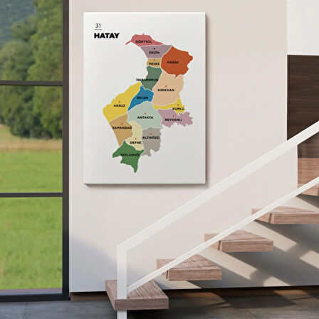 İl ve İlçeler Haritası Hatay, Modern Dekoratif Kanvas Tablo, Duvar Dekoru 1355