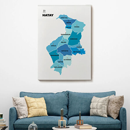 İl ve İlçeler Haritası Hatay, Modern Dekoratif Kanvas Tablo, Duvar Dekoru 1356