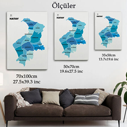 İl ve İlçeler Haritası Hatay, Modern Dekoratif Kanvas Tablo, Duvar Dekoru 1356
