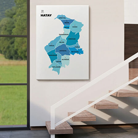 İl ve İlçeler Haritası Hatay, Modern Dekoratif Kanvas Tablo, Duvar Dekoru 1356