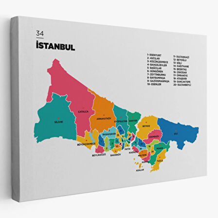 İl ve İlçeler Haritası İstanbul, Modern Dekoratif Kanvas Tablo, Duvar Dekoru 1364