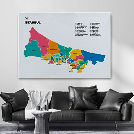 İl ve İlçeler Haritası İstanbul, Modern Dekoratif Kanvas Tablo, Duvar Dekoru 1364