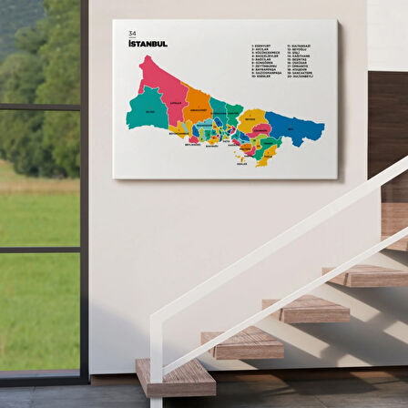 İl ve İlçeler Haritası İstanbul, Modern Dekoratif Kanvas Tablo, Duvar Dekoru 1364
