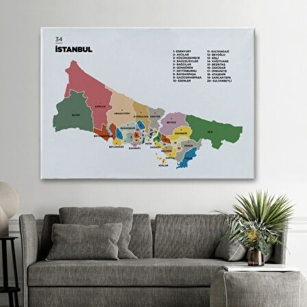 İstanbul İli ve İlçeler Haritası Dikdörtgen Dekoratif Kanvas Tablo, Duvar Dekoru 1365