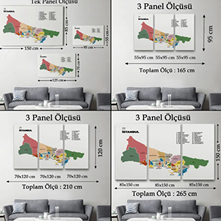İstanbul İli ve İlçeler Haritası Dikdörtgen Dekoratif Kanvas Tablo, Duvar Dekoru 1365