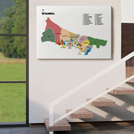 İstanbul İli ve İlçeler Haritası Dikdörtgen Dekoratif Kanvas Tablo, Duvar Dekoru 1365