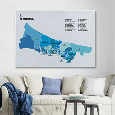 İstanbul İli ve İlçeler Haritası Dikdörtgen Dekoratif Kanvas Tablo, Duvar Dekoru 1366