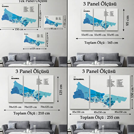 İstanbul İli ve İlçeler Haritası Dikdörtgen Dekoratif Kanvas Tablo, Duvar Dekoru 1366