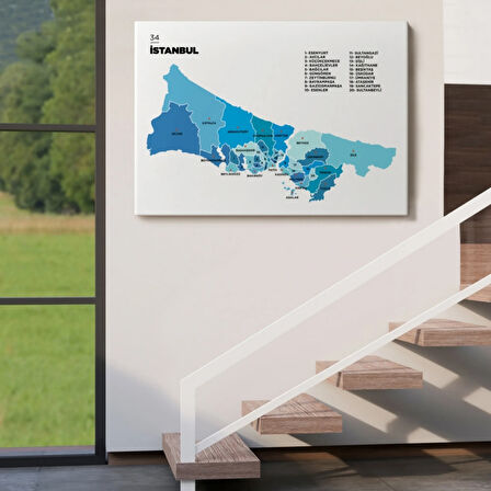 İstanbul İli ve İlçeler Haritası Dikdörtgen Dekoratif Kanvas Tablo, Duvar Dekoru 1366