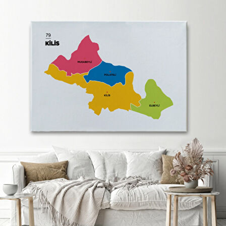 İl ve İlçeler Haritası Kilis, Modern Dekoratif Kanvas Tablo, Duvar Dekoru 1388