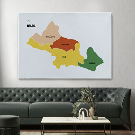 İl ve İlçeler Haritası Kilis, Modern Dekoratif Kanvas Tablo, Duvar Dekoru 1389