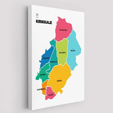 İl ve İlçeler Haritası Kırıkkale, Modern Dekoratif Kanvas Tablo, Duvar Dekoru 1391