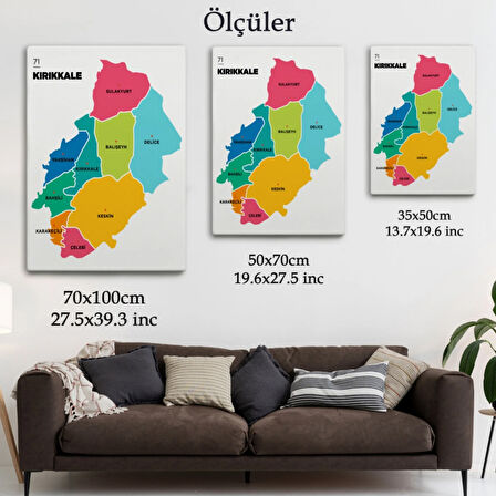 İl ve İlçeler Haritası Kırıkkale, Modern Dekoratif Kanvas Tablo, Duvar Dekoru 1391