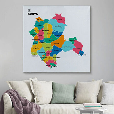 İl ve İlçeler Haritası Konya, Modern Dekoratif Kanvas Tablo, Duvar Dekoru 1403