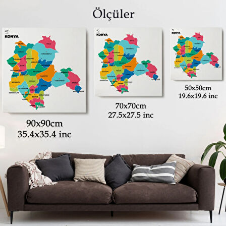 İl ve İlçeler Haritası Konya, Modern Dekoratif Kanvas Tablo, Duvar Dekoru 1403