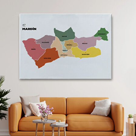 İl ve İlçeler Haritası Mardin, Modern Dekoratif Kanvas Tablo, Duvar Dekoru 1416