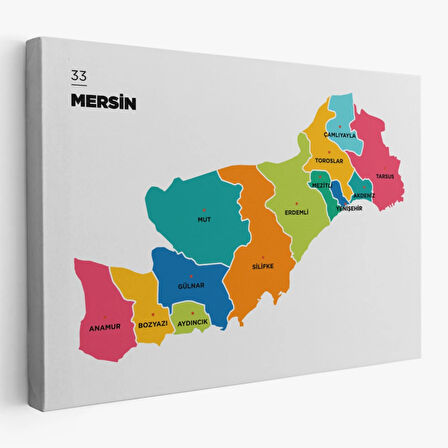 İl ve İlçeler Haritası Mersin, Modern Dekoratif Kanvas Tablo, Duvar Dekoru 1418