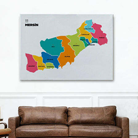 İl ve İlçeler Haritası Mersin, Modern Dekoratif Kanvas Tablo, Duvar Dekoru 1418