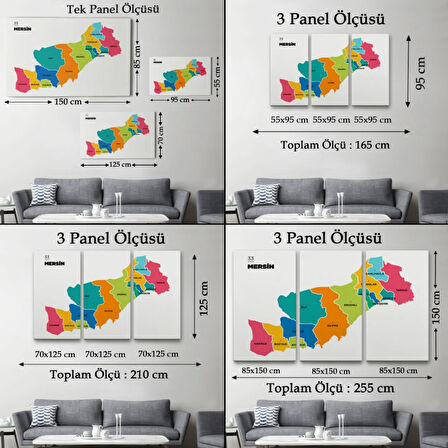 İl ve İlçeler Haritası Mersin, Modern Dekoratif Kanvas Tablo, Duvar Dekoru 1418