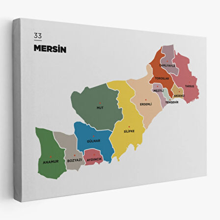 İl ve İlçeler Haritası Mersin, Modern Dekoratif Kanvas Tablo, Duvar Dekoru 1419